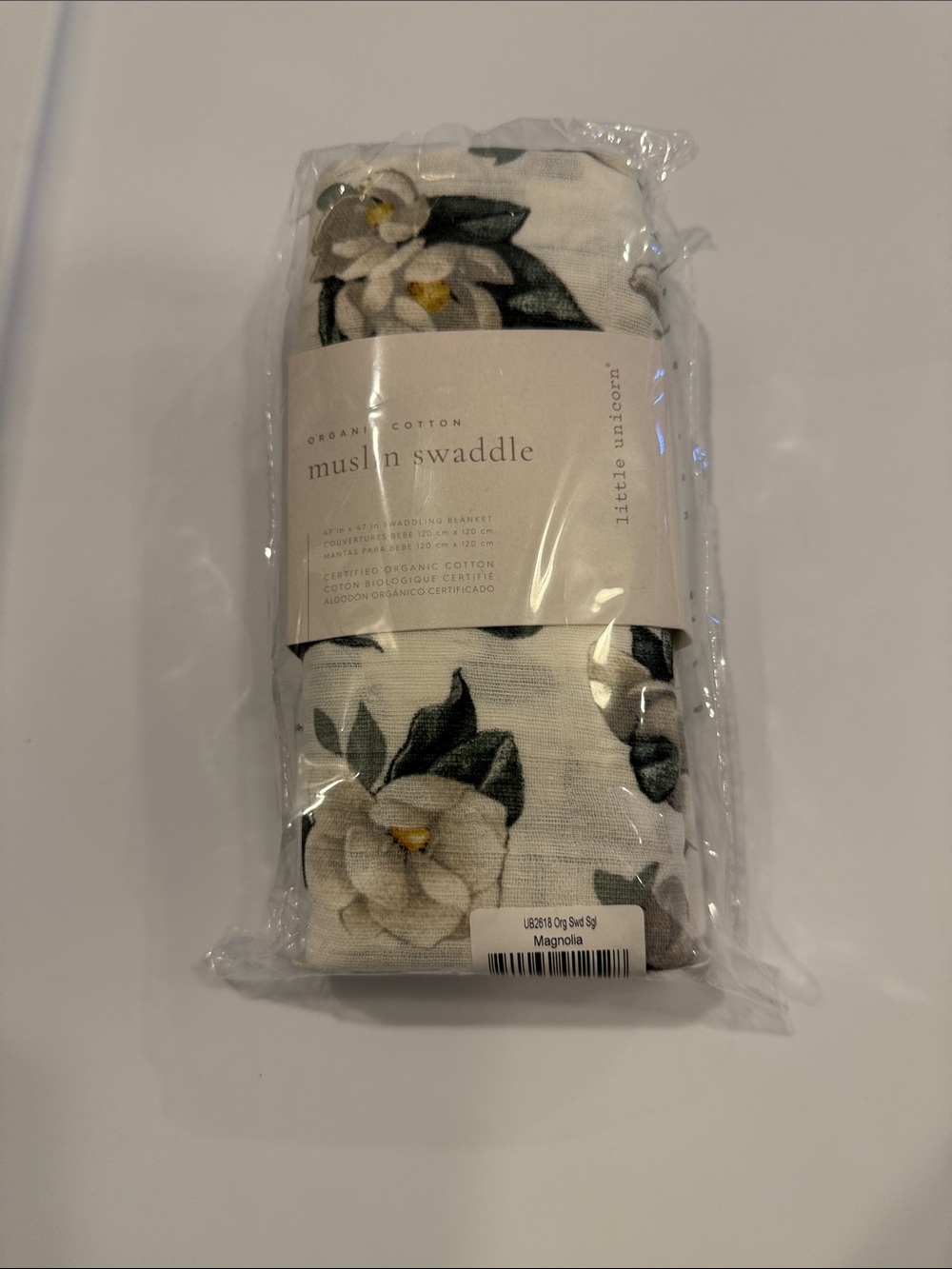Organic Cotton Muslin Swaddle - Magnolia Print, White/Green